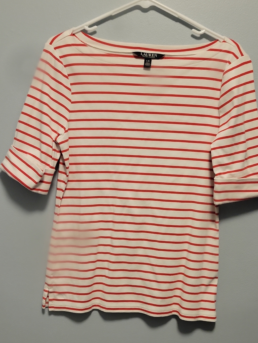 Lauren Ralph Lauren White and Red Striped Short Sleeve Boatneck Top